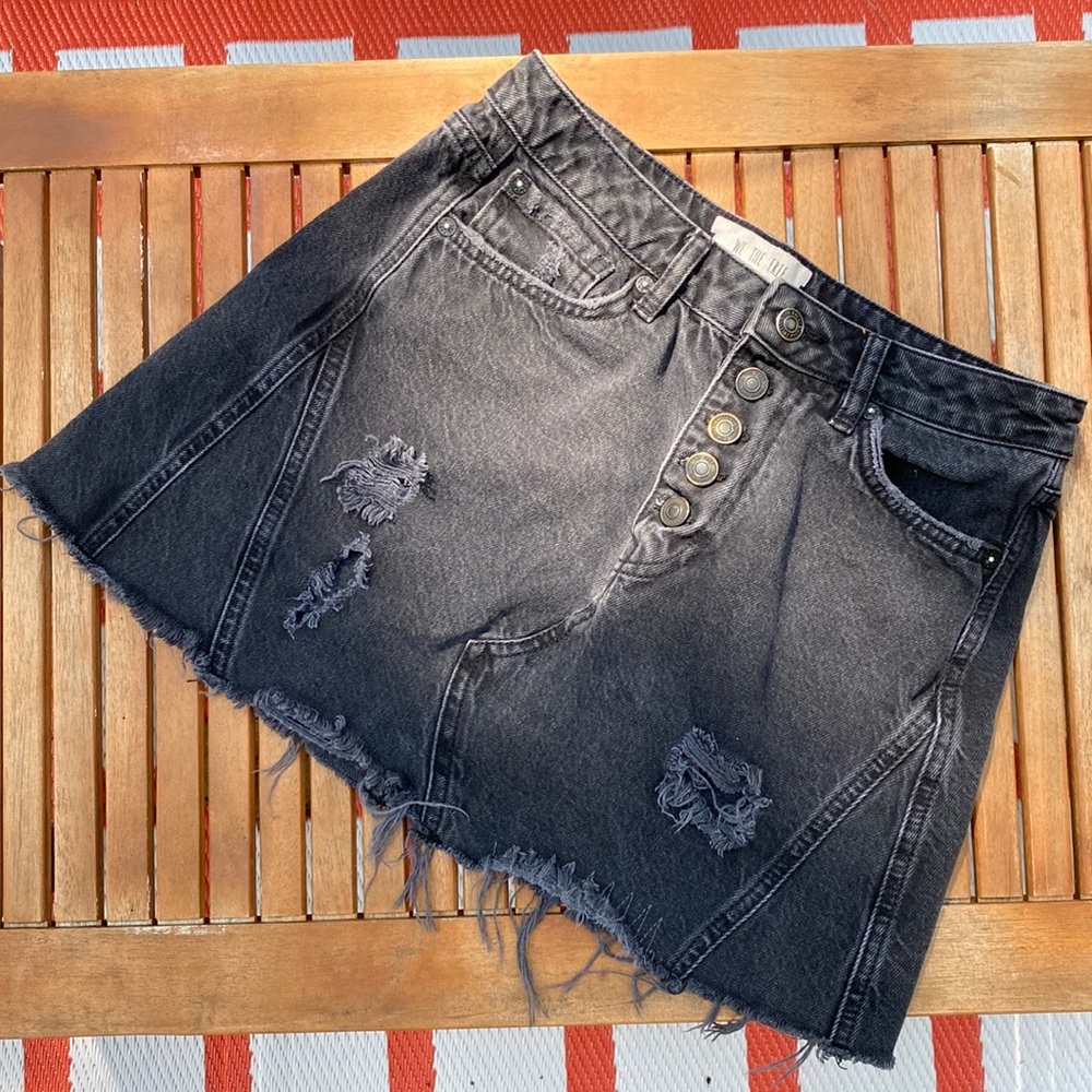 Free People black denim distressed skirt